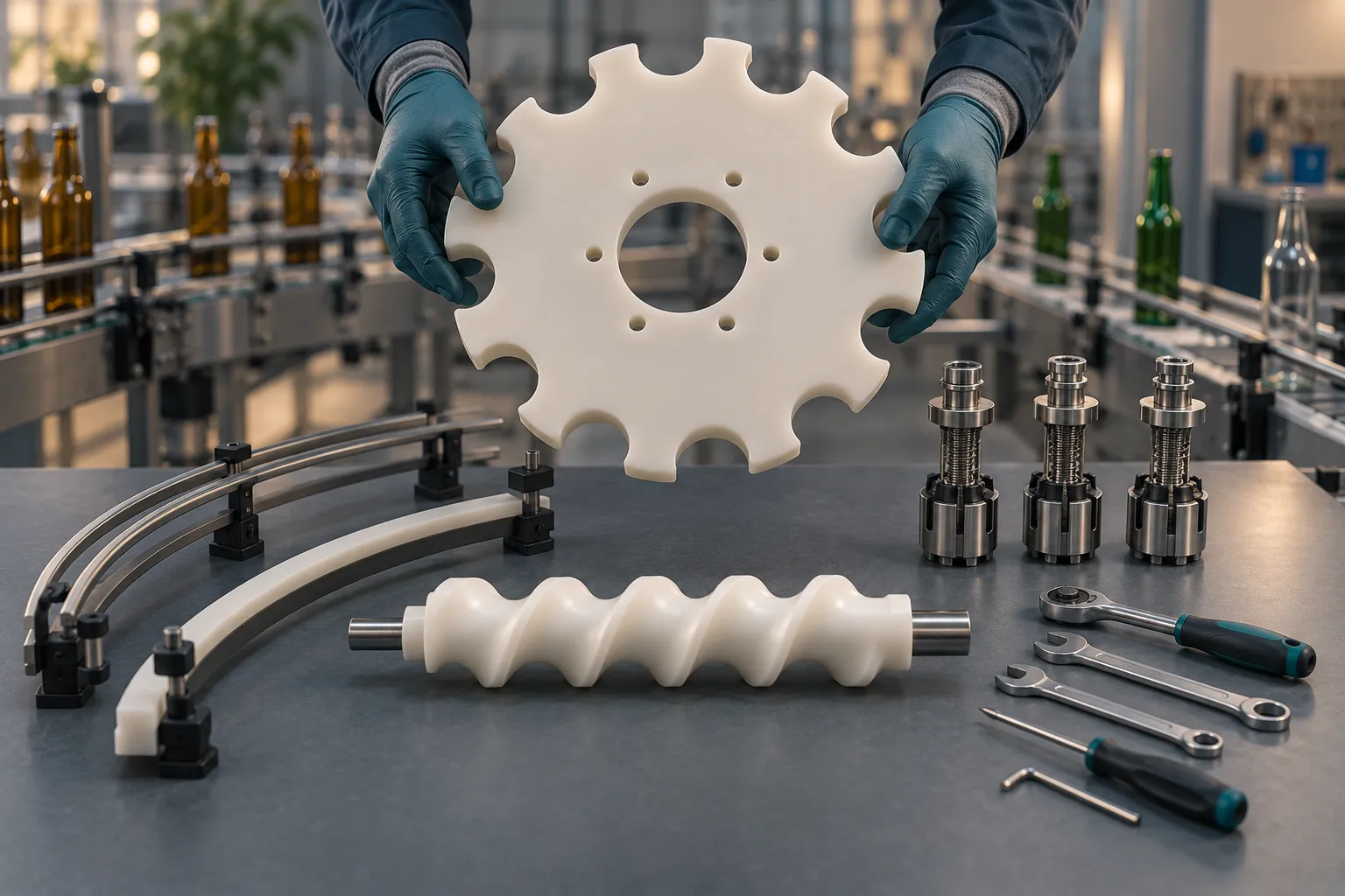 Illustration of starwheel change parts and tools on a workbench with a gloved hand