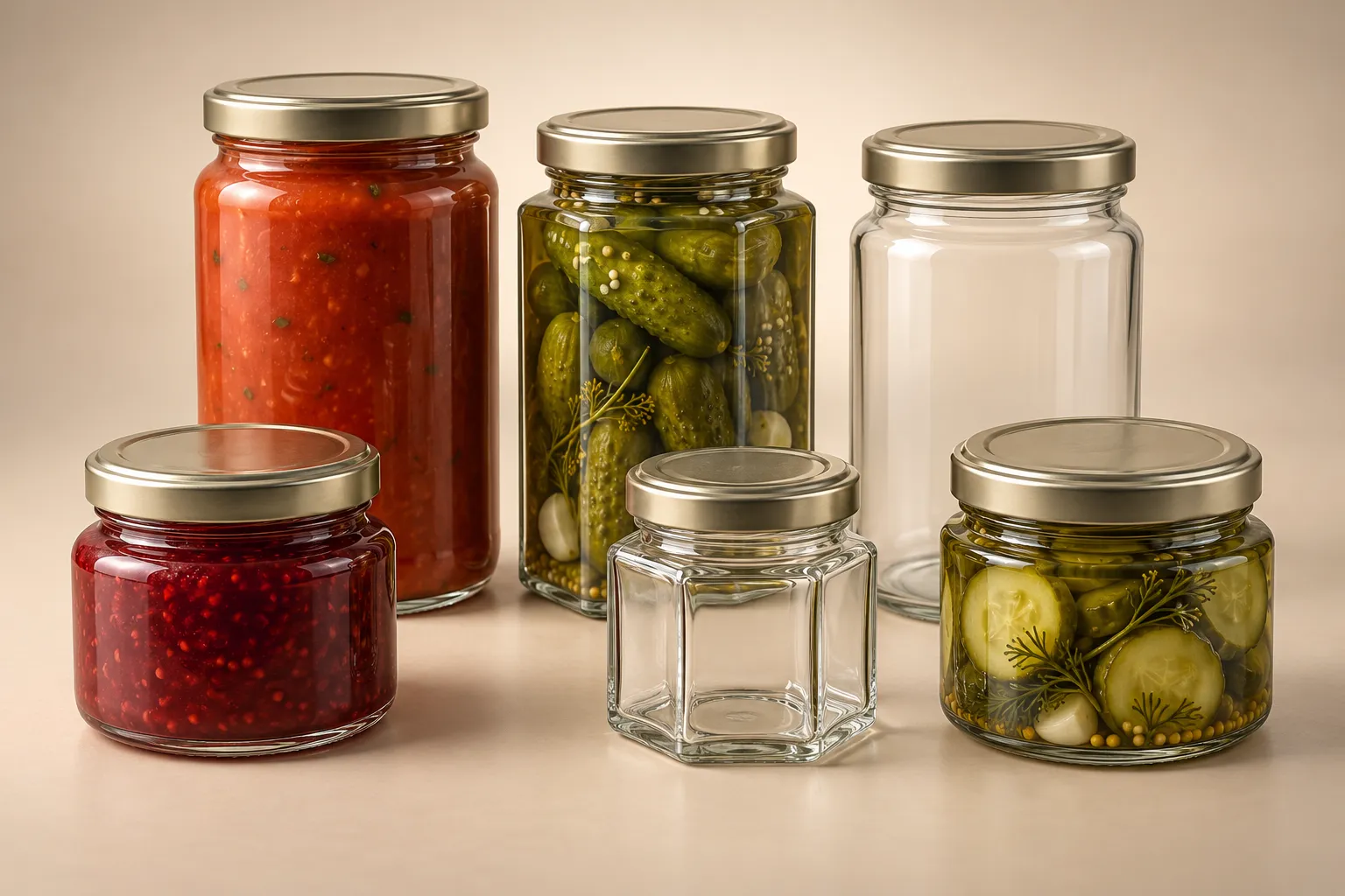 Illustration of glass food jars in several shapes with metal twist caps, some filled with sauce and jam