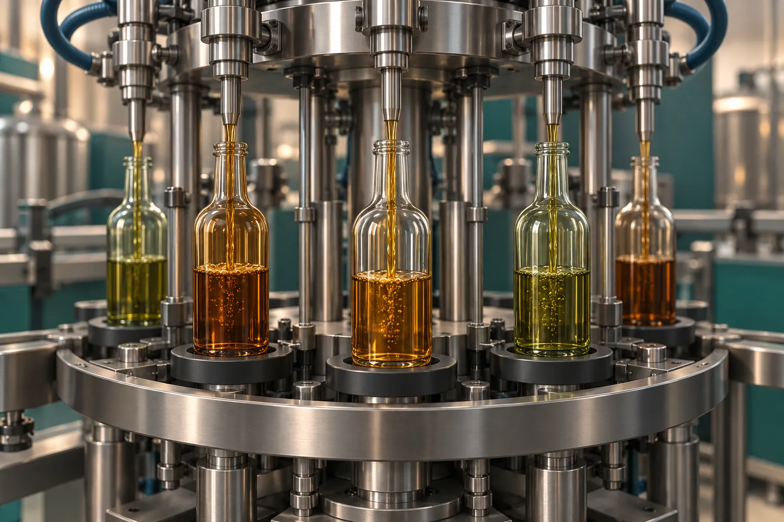 Illustration of glass bottles on a rotary filling machine with a close view of a filling valve