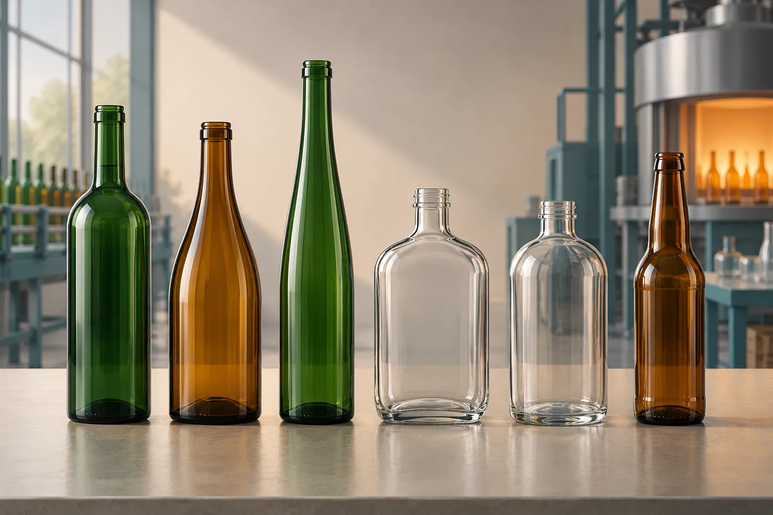 Illustration of empty amber, green and clear glass bottles in different shapes, including Bordeaux, Burgundy, flute, flask, Boston round and longneck styles