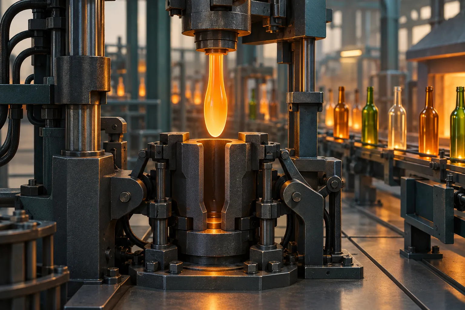 Illustration of molten glass gobs dropping into the moulds of an IS machine, lit in warm orange tones