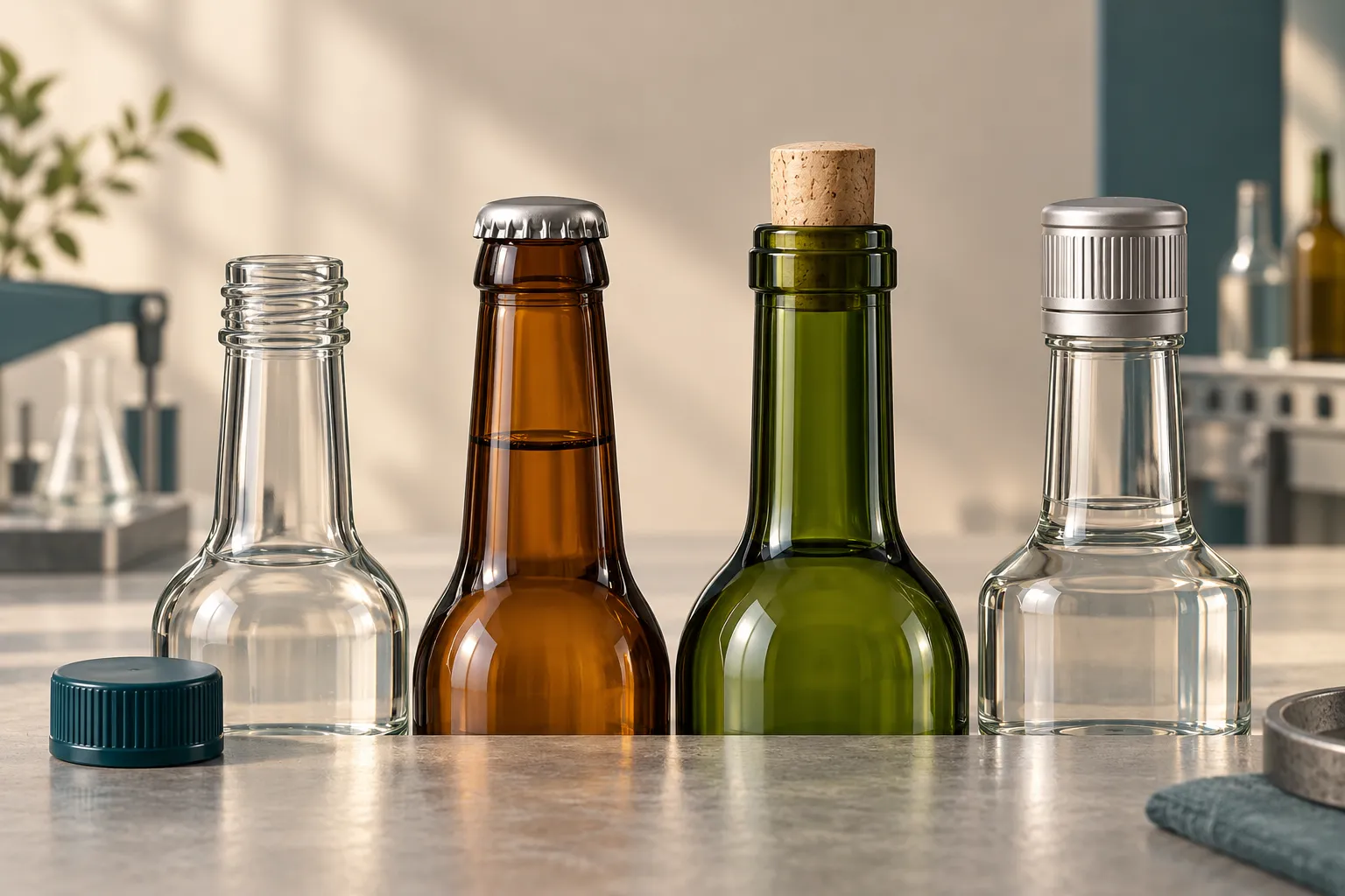 Illustration of close-up bottle necks fitted with a screw cap, a crown cap, a cork stopper and an aluminum roll-on screw cap