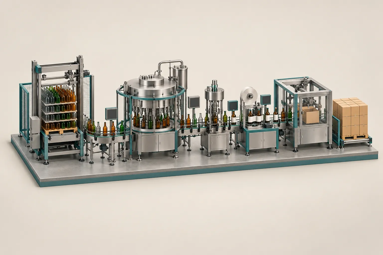 Isometric illustration of a compact, unbranded glass bottling line running from a depalletizer through a filler and capper to a case packer