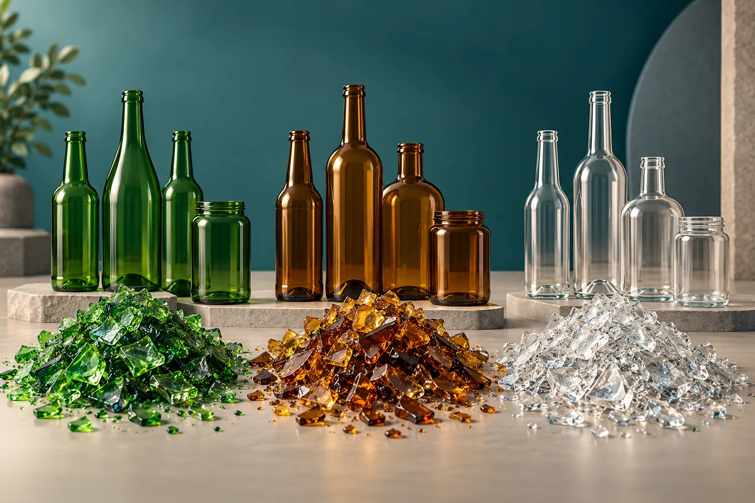 Illustration of green, amber and clear broken glass piles transitioning into new glass bottles