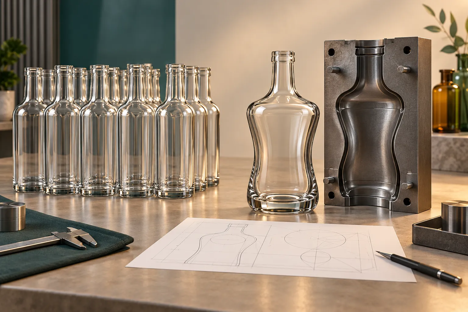 Illustration of a row of identical stock glass bottles beside one distinctive custom bottle, with half of a bottle mould and a plain technical drawing