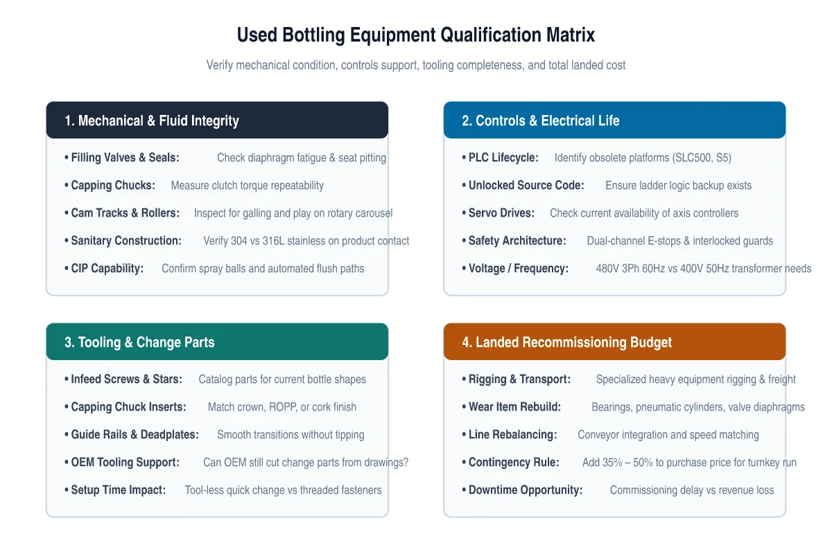 Used bottling equipment qualification matrix covering mechanical wear, electrical controls, change parts, and recommissioning budget