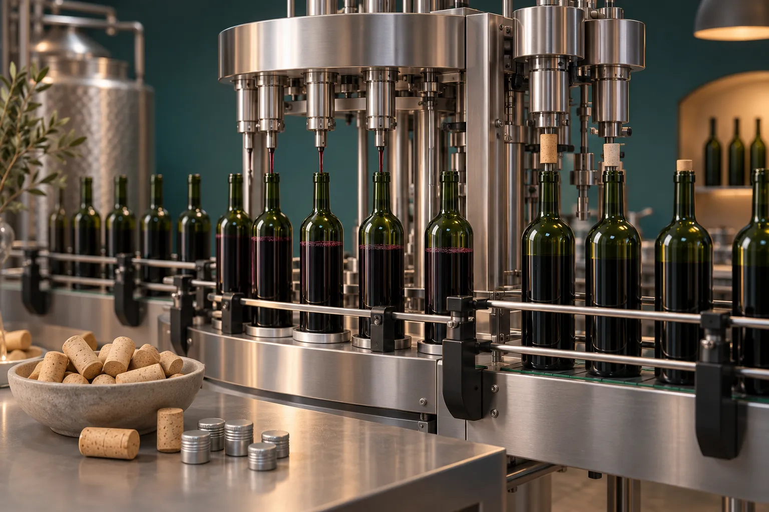 Illustration of a green Bordeaux wine bottle on a filling and closing unit beside a cork and a screwcap