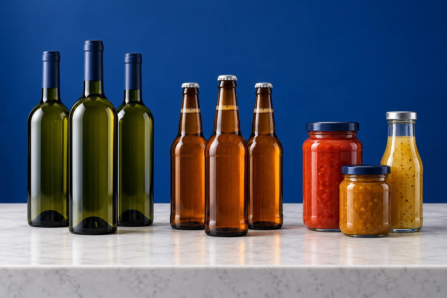 Illustration of three groups of bottles: wine, beer and sauce.