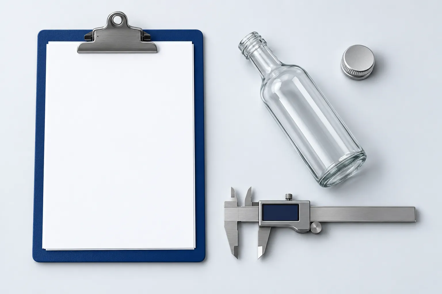 Illustration of supplier proposals, a sample bottle and calipers on a desk.
