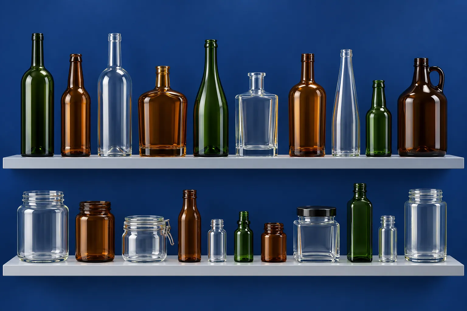Illustration of shelves holding glass bottles and jars of many shapes, sizes and colors.